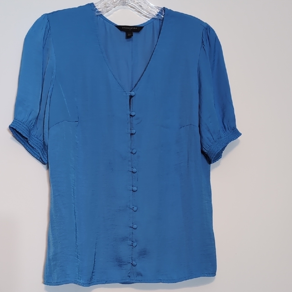 Banana Republic Blue V Neck Short Sleeve Dress Shirt Button Down Blouse